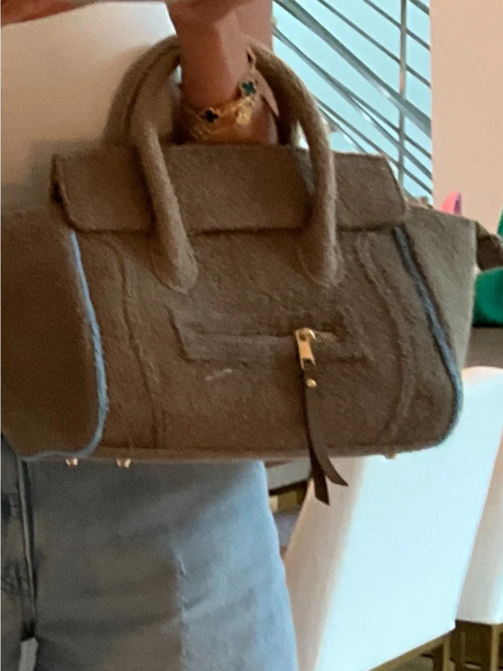 New Celine Taupe Terry Tote Bag with Blue Trim and Tassel